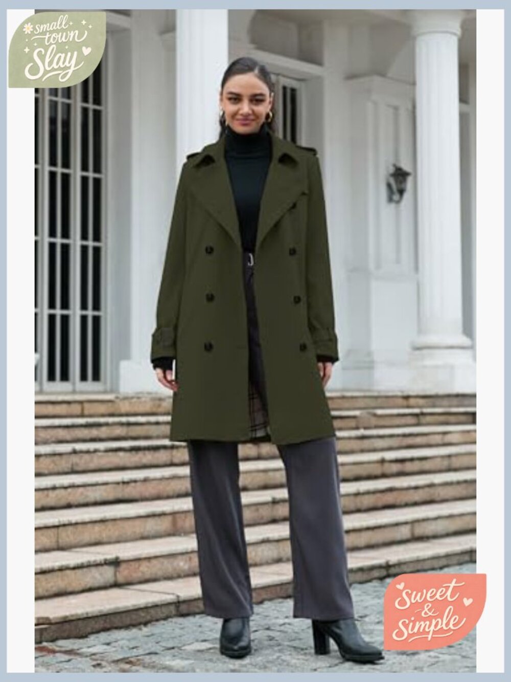 Women's Double Breasted Trench Coat with Belt, Notched Collar, Long Sleeve - Picture 3 of 7